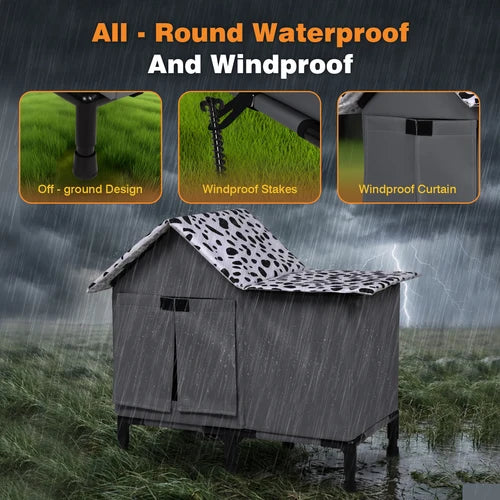 A gray outdoor dog shelter shown in the rain with marketing text at the top and three inset detail images highlighting off-ground design, windproof stakes, and windproof curtain at Pet Servo