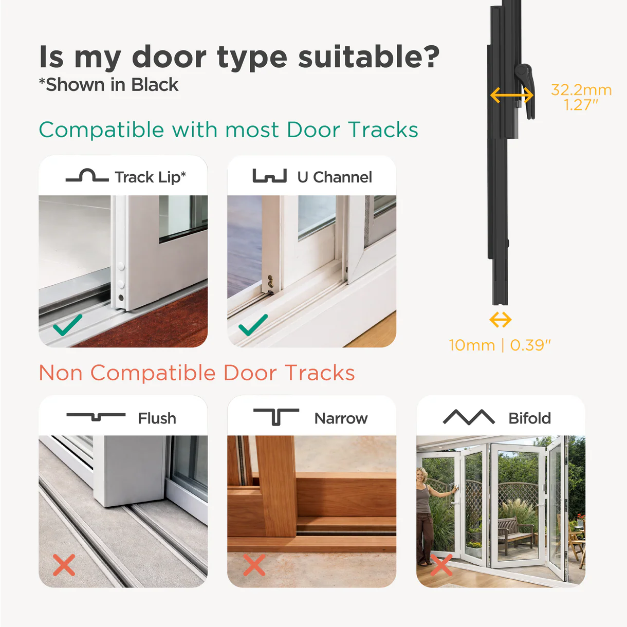 Compatibility chart for a door track system showing compatible and incompatible door types.