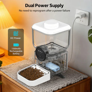 Pet feeder with dual power supply feature on a table at Pet Servo