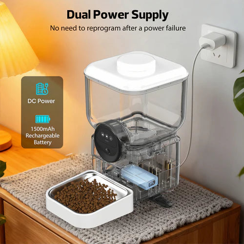 Pet feeder with dual power supply feature on a table at Pet Servo