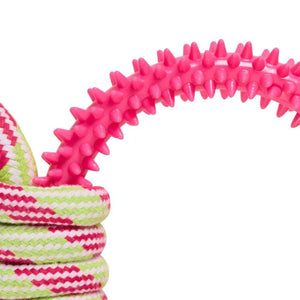 Pink textured ring with a striped rope on a white background