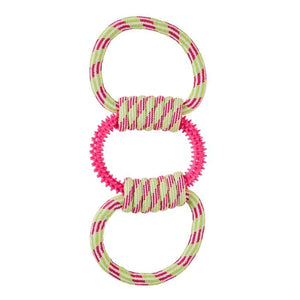 Pink and green striped keychain with three interlocking rings on a white background at Pet Servo