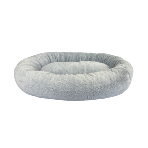 Gray donut-shaped pet bed on a white background at Pet Servo