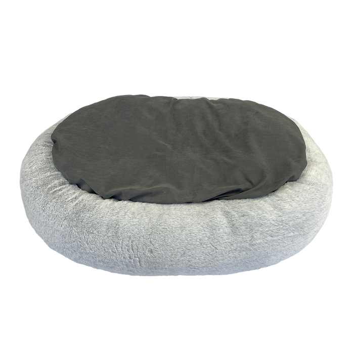 Round pet bed with gray cushion on a white background