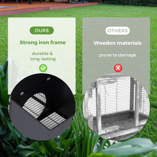 Comparison of a strong iron frame product with wooden materials on a grassy background at Pet Servo