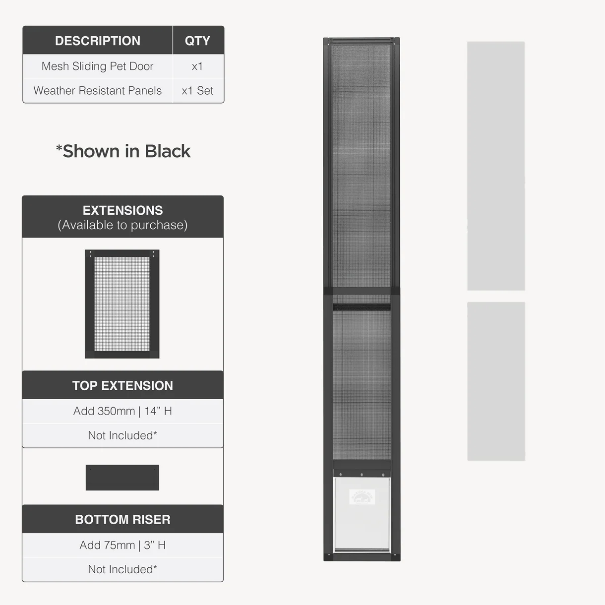 Mesh sliding pet door with extensions on a white background