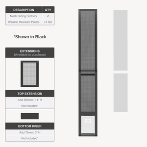 Mesh sliding pet door with extensions on a white background