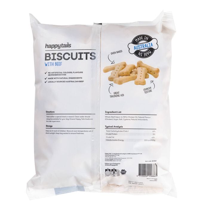 Package of happytails biscuits with beef, made in Australia, on a white background