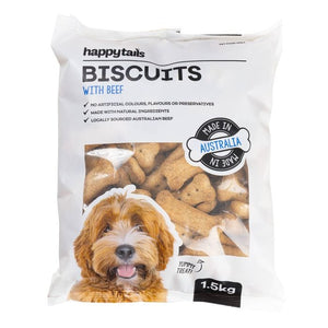 Bag of happytails biscuits with beef for dogs, featuring a dog on the packaging.