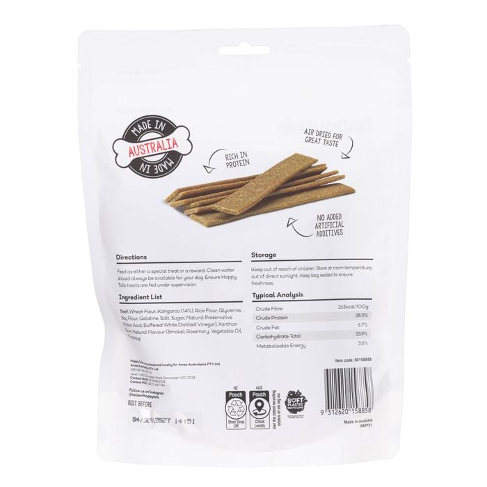 Back of a white packaging with dog treats, brand logo, and text on a white background