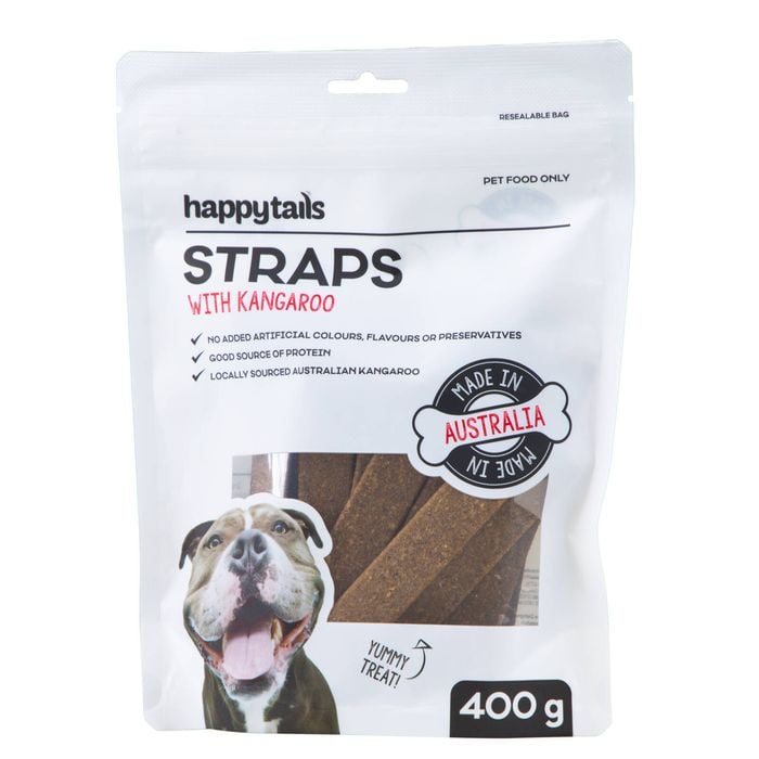 Happytails Straps with Kangaroo dog treat package on a white background
