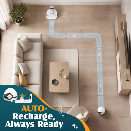 Top-down view of a living room with two small robot vacuum cleaners, one near the sofa and one near the TV stand, with a translucent path overlay showing navigation. A teal and orange promotional banner at the bottom reads 'AUTO-Recharge, Always Ready' with robot icons at Pet Servo