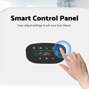 Smart control panel with digital display and hand adjusting settings on a white background at Pet Servo