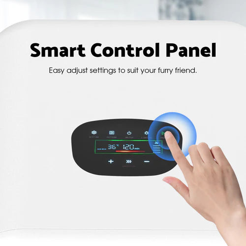 Smart control panel with digital display and hand adjusting settings on a white background at Pet Servo