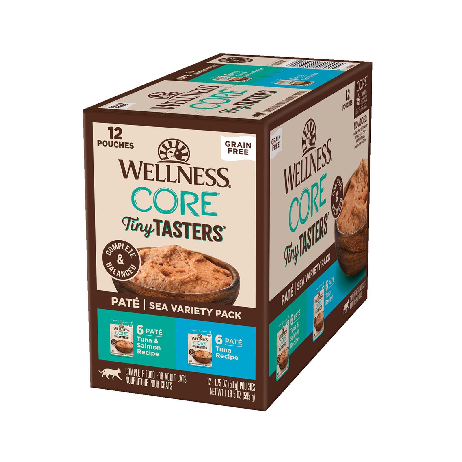 Box of Wellness Core Tiny Tasters cat food on a white background at Pet Servo