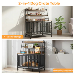 2-in-1 dog crate table with storage shelves in a room setting at Pet Servo