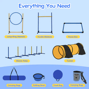 Dog training obstacle set with various components on a blue background at Pet Servo