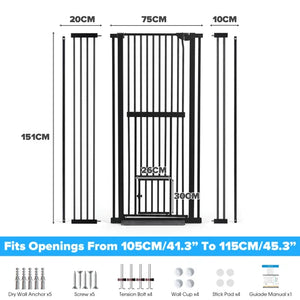Black metal safety gate with dimension measurements shown on a white background, including width and height labels and a blue text bar stating it fits openings from 105CM to 115CM at Pet Servo