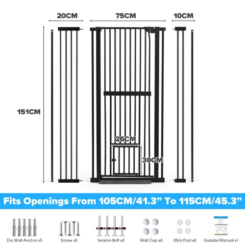 Black metal safety gate with dimension measurements shown on a white background, including width and height labels and a blue text bar stating it fits openings from 105CM to 115CM at Pet Servo