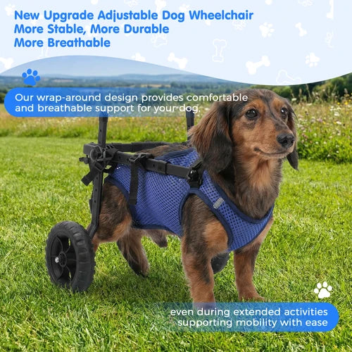 A dachshund standing on grass wearing a blue mesh dog wheelchair harness with black wheels. Blue promotional text overlays describe the product features, and the background shows an outdoor grassy field with hills at Pet Servo