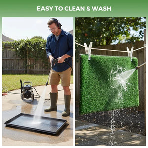 A split-screen demonstration of a pressure washer cleaning product in use outdoors. The left panel shows a man in a backyard using a pressure washer to clean a black rectangular tray at Pet Servo