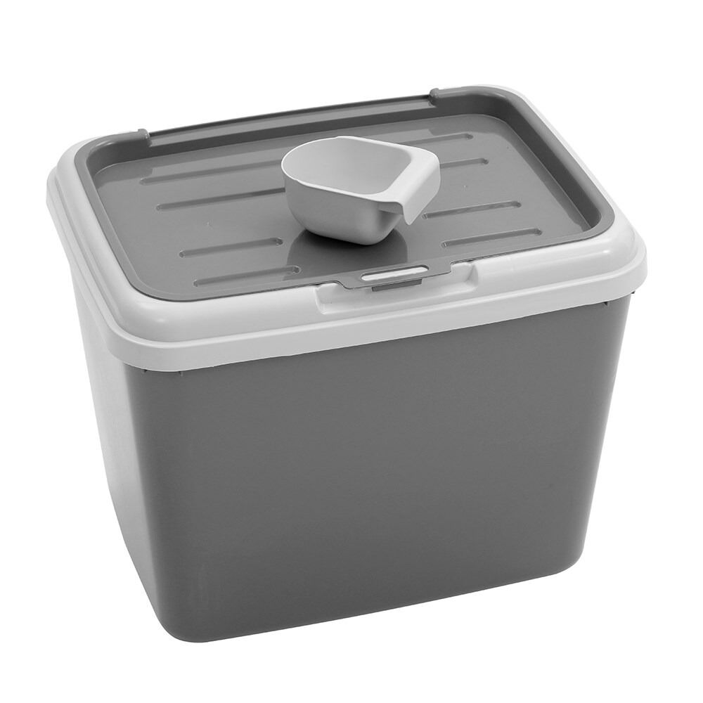 Gray pet food storage container with a scoop on a white background at Pet Servo