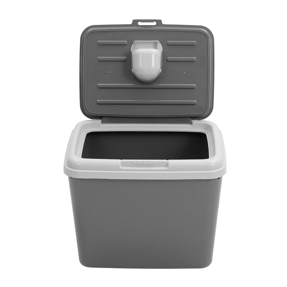Gray and white trash bin with open lid on a white background at Pet Servo