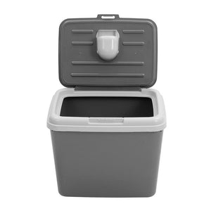 Gray and white trash bin with open lid on a white background at Pet Servo