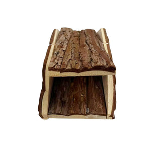 A small wooden log-shaped hide or enclosure with textured bark-like top panels and light natural wood sides, shown on a plain white background at Pet Servo