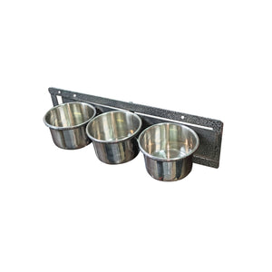 Set of three metal dog bowls mounted on a wall bracket against a white background at Pet Servo
