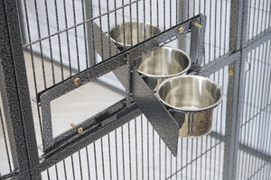 Metal bird cage with stainless steel bowls attached at Pet Servo
