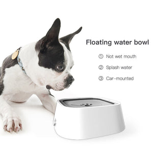 Dog looking at a floating water bowl with features listed on a white background at Pet Servo