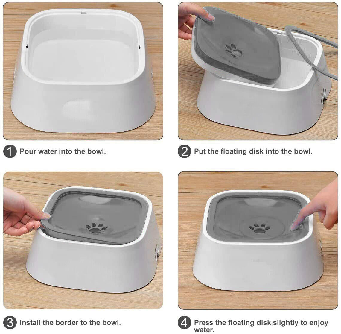 Step-by-step guide on using a pet water bowl with floating disk and border at Pet Servo