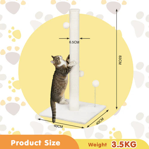Cat climbing post with measurements and product details on a decorative background at Pet Servo