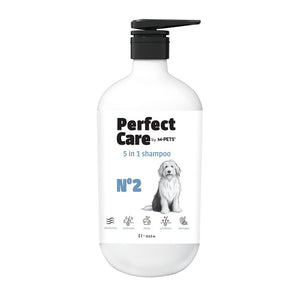 Dog shampoo bottle labeled 'Perfect Care' on a white background at PetServo
