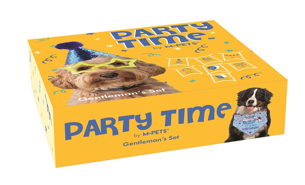 A yellow box for M-PETS Party Time Gentlemen's Set, featuring cartoon dog illustrations wearing party accessories and the text 'PARTY TIME by M-PETS Gentlemen's Set' on the front and top at Pet Servo