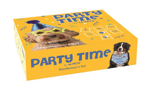 A yellow box for M-PETS Party Time Gentlemen's Set, featuring cartoon dog illustrations wearing party accessories and the text 'PARTY TIME by M-PETS Gentlemen's Set' on the front and top at Pet Servo