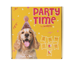 A square product box for M-PETS 'Party Time by M-PETS' 'Lady's Set' featuring a yellow background with a smiling dog wearing a party hat, colorful confetti, and banner graphics at Pet Servo