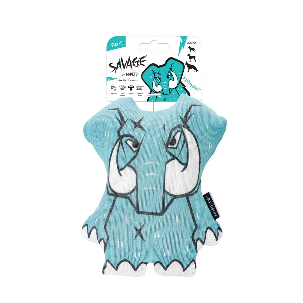 A packaged dog toy shaped like a stylized elephant face, shown on a white background with the retail header card visible above the toy. The toy is light blue with white tusks and facial details outlined in black at Pet Servo