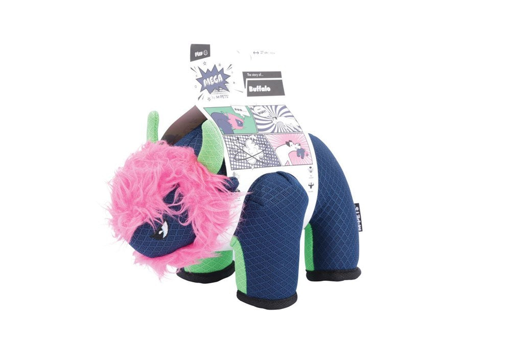 A dog tug toy shaped like a cartoon horse or pony, featuring a dark navy blue textured body, a fluffy pink mane, and green accents on the legs and ears. The toy is shown on a white background with its retail packaging tag attached at Pet Servo