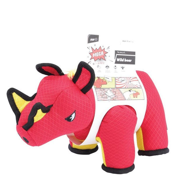 A red and white plush rhinoceros dog toy with black and yellow accents, shown with its retail packaging tag against a plain white background at Pet Servo