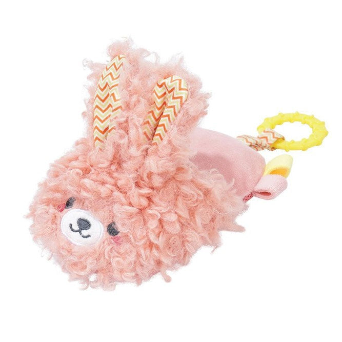 A pink fluffy plush bunny keychain or pouch with embroidered eyes and nose, patterned bunny ears, and a yellow ring pull, shown on a plain white background at Pet Servo