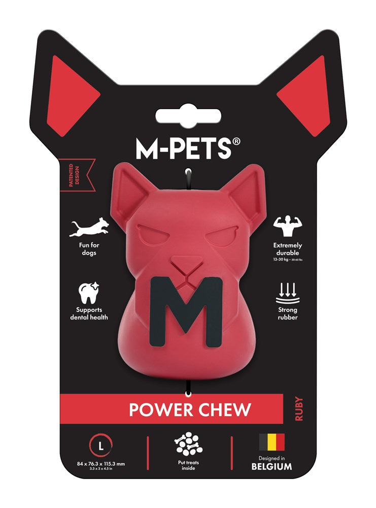 M-PETS Power Chew dog toy in red rubber, shaped like a cat head with a black 'M' on the front, mounted on its original black and red retail blister card at Pet Servo