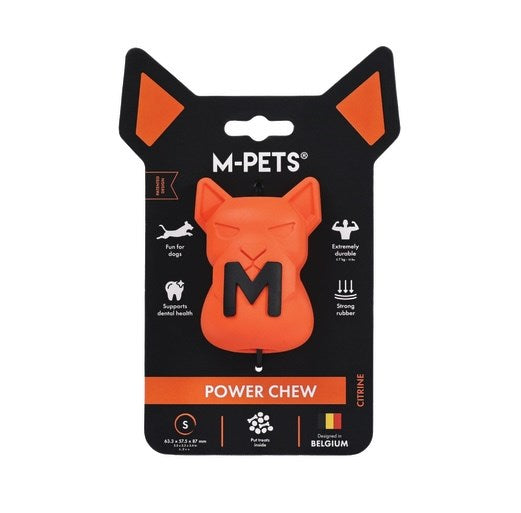 M-Pets Power Chew dog toy in bright orange, displayed on its black and orange retail blister card packaging against a white background at Pet Servo
