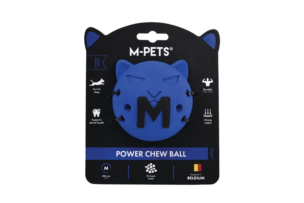 M-PETS Power Chew Ball dog toy in blue, displayed on its black retail packaging card against a white background at Pet Servo