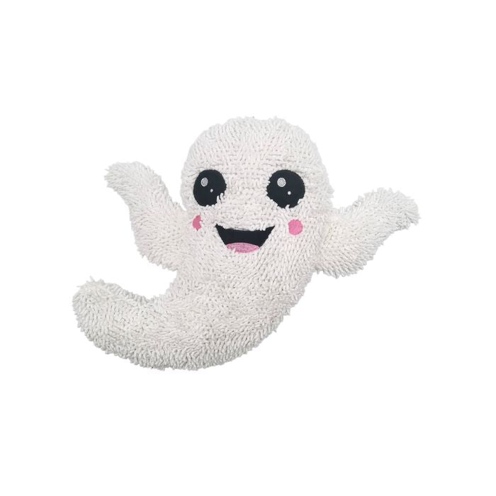 A white, fluffy ghost-shaped plush toy with large black eyes, a smiling mouth, and pink cheeks, isolated on a white background.
