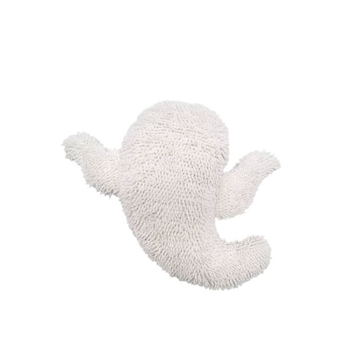A white textured plush ghost-shaped bath sponge with raised arm details, shown on a solid white background.