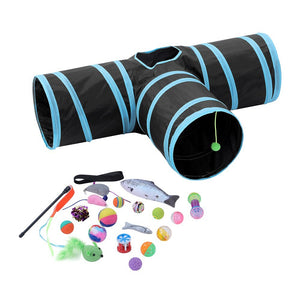 Cat toy tunnel with various cat toys on a white background at Pet Servo