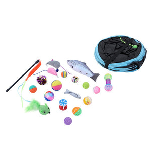 Assorted cat toys including a fishing rod, colorful balls, and a fish-shaped toy with a carrying case on a white background at Pet Servo