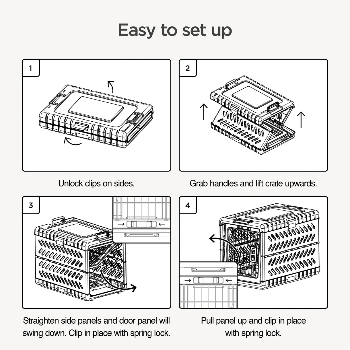 Step-by-step guide on how to set up a plastic crate with illustrations and text.